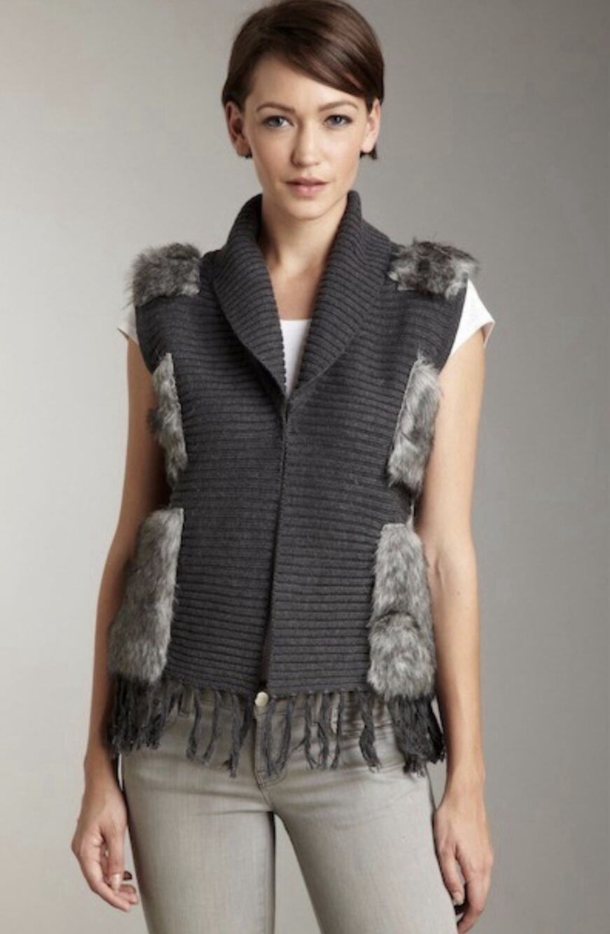 Women Sweater Vest Faux Fur Fringe Patchwork Boho Whimsigoth Shawl Collar Size M